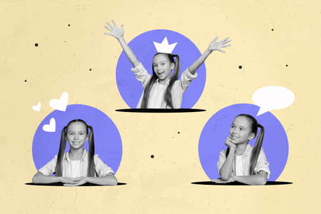 Creative 3d photo artwork graphics painting of funny funky girl thinking wear tiara fell in love isolated drawing backgroundの写真素材