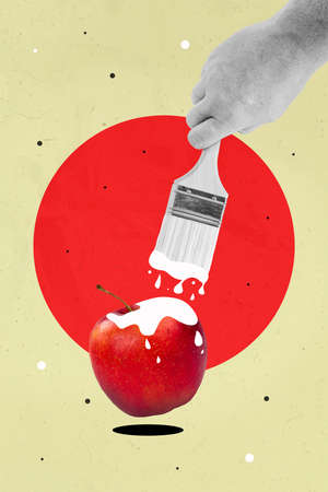 3d retro abstract creative artwork template collage of arm realistic painting red apple isolated drawing backgroundの写真素材