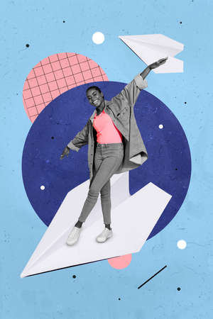 Vertical collage picture of excited cheerful girl black white effect stand flight paper plane isolated on drawing backgroundの写真素材