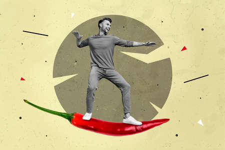 Photo cartoon comics sketch picture of funny funky guy riding big huge chili papper isolated drawing backgroundの写真素材