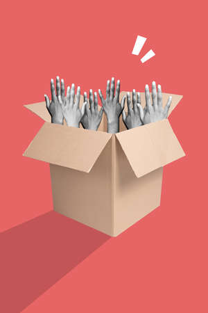 Vertical collage picture of human hands black white gamma stick carton box isolated on painted...