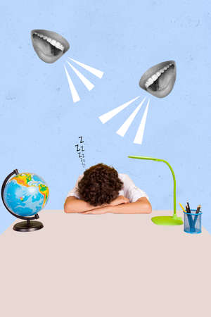 Vertical creative collage of tired sleepy boy desktop two black white effect mouth say tell communicate isolated on painted backgroundの写真素材