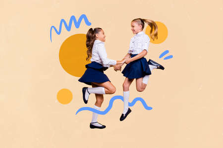 Creative collage picture of two overjoyed happy girls hold hands jump end summer holidays isolated on painted backgroundの写真素材