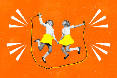 Creative collage of two little girls black white effect jumping big rope isolated on painted orange backgroundの写真素材