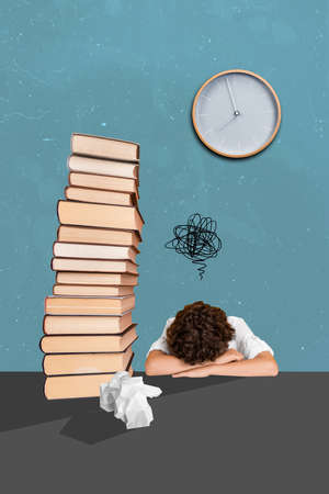 Vertical collage illustration of tired boy fell asleep big pile stack book wall watch crumpled paper...
