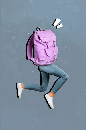 Vertical creative collage image of girl backpack instead body legs running jump isolated on painted backgroundの写真素材