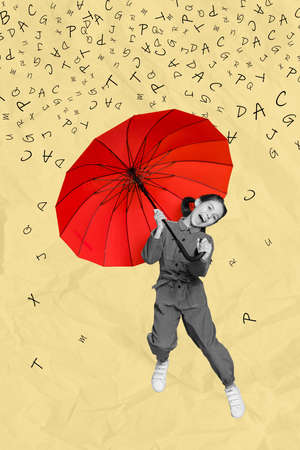 Vertical collage image of overjoyed amazed girl black white colors hold umbrella drawing letters rain isolated on creative backgroundの写真素材