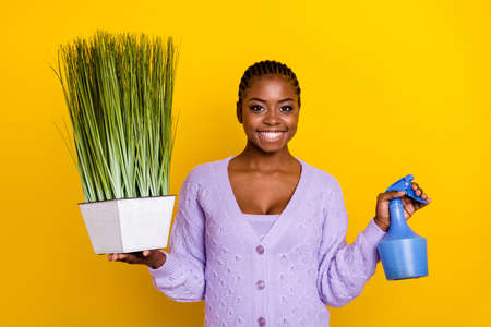 Photo of cheerful nice girl arms hold water bottle plant pot nature care isolated on yellow color backgroundの写真素材