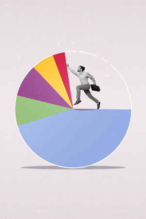 Magazine poster collage of financier guy run fast inside circle chart income data increase isolated...