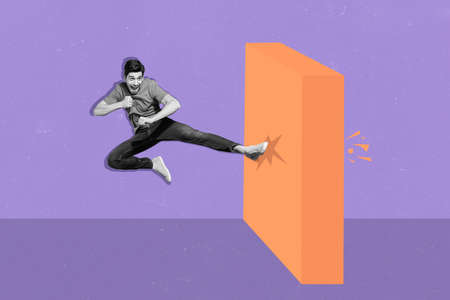 Composite collage picture of sportive guy black white colors jumping leg kick destroy wall isolated...