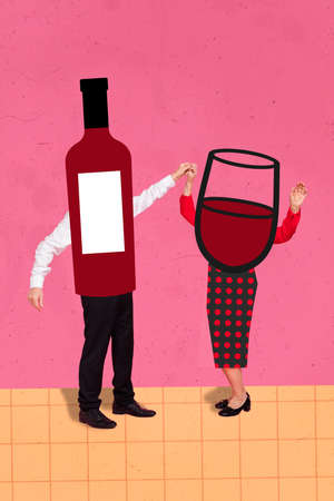 Photo artwork minimal picture of carefree bottle guy lady wine glass dancing todether isolated drawing backgroundの写真素材