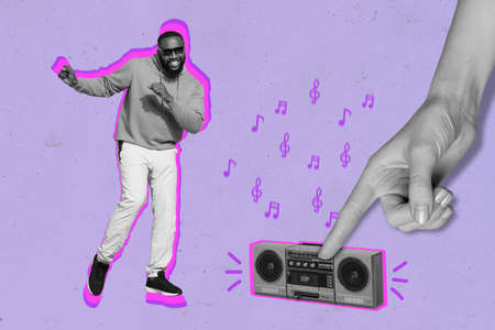 Composite collage picture of overjoyed cheerful guy black white effect huge arm press boom box sound...