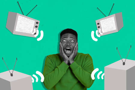 Collage illustration of impressed frightened hypnotic guy black white effect watch fake information...