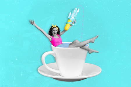 Composite collage illustration of excited carefree small girl black white effect sit coffee cup hold water gunの写真素材