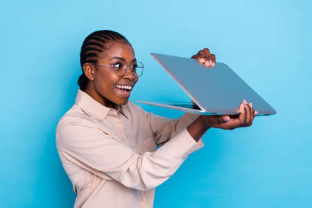 Profile side image of overjoyed business lady look inside secret documents on laptop isolated on...