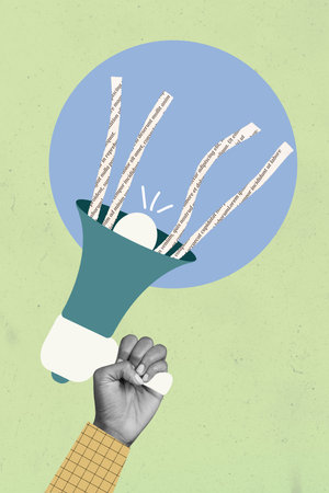 Creative retro 3d magazine image of arm palm holding loudspeaker newspaper news isolated drawing...