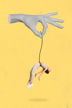 Artwork magazine picture of big huge palm holding hanging slim lady isolated drawing yellow backgroundの写真素材