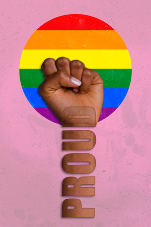 Poster collage of human hand fist with word pride struggle for homosexual couple rights isolated pink color backgroundの写真素材