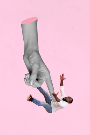 Creative 3d photo artwork graphics painting of huge palm pressing mini man isolated drawing pink backgroundの写真素材