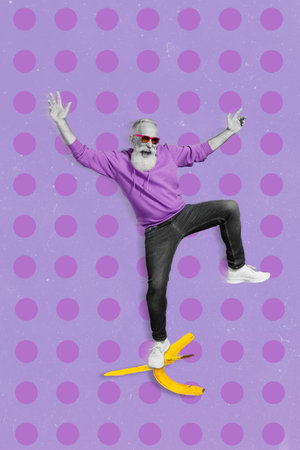 Exclusive painting magazine sketch image of funky age guy falling down banana peel isolated dotted...
