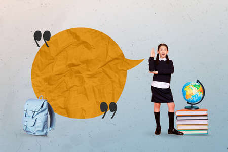 Collage 3d image of pinup pop retro sketch of little kid child rising arms mind cloud empty space...