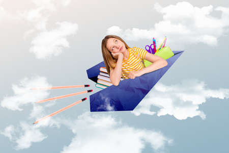 Creative abstract template graphics image of think thoughtful small child kid dreaming flying clouds...