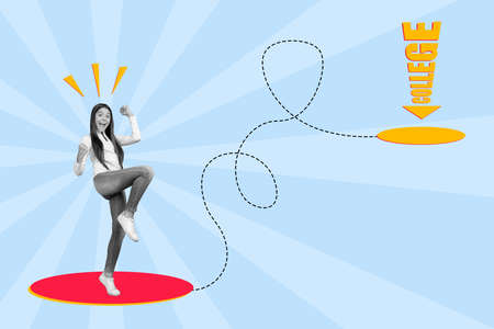 Collage creative illustration of delighted astonished girl black white colors raise fists celebrate accomplishment collegeの写真素材