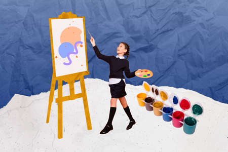 Creative retro 3d magazine image of surprised small child kid having art classes isolated drawing backgroundの写真素材