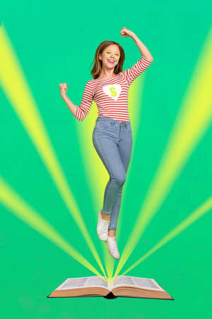 Vertical collage picture of delighted positive girl raise fists celebrate success opened book...
