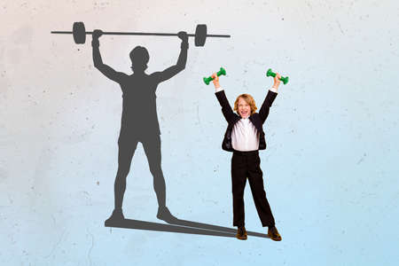 Collage 3d image of pinup pop retro sketch of funny happy little child kid wanting be older stronger isolated painting backgroundの写真素材