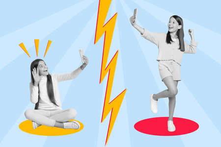Composite collage image of two kid girls black white gamma use telephone chatting video call drawing energy lightningの写真素材