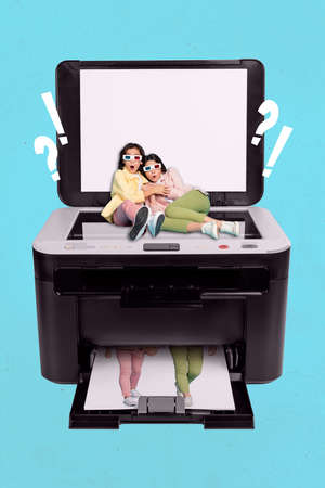 Vertical collage of two excited small girls sitting big printer scanner machine wear 3d glasses...