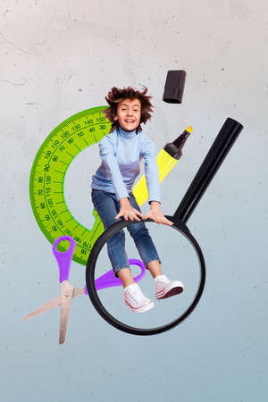 Vertical collage portrait of mini excited boy flying stationery supplies tools isolated on creative drawing backgroundの写真素材