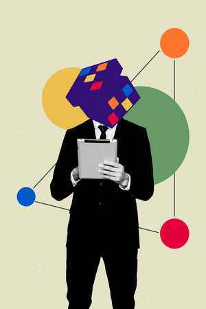 Photo cartoon comics sketch collage of black white businessman wear suit puzzle cube head use tablet idea solution plan strategy conceptの写真素材