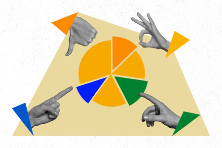 Collage image picture postcard poster of four people arms fingers show symbols hold pieces isolated on creative drawing backgroundの写真素材