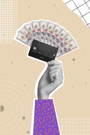 Vertical collage illustration of human arm black white colors hold credit card money dollars banknote isolated on beige color backgroundの写真素材