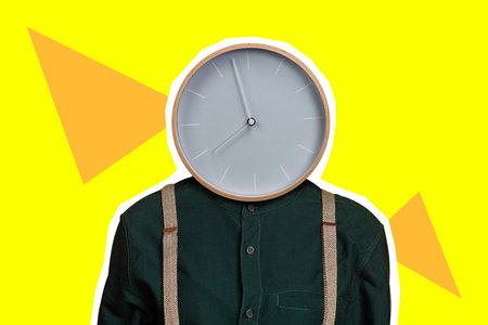 Creative banner collage of interesting weird guy clock face without head appear isolated on yellow...