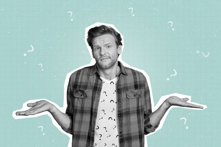 Collage photo of young funny guy wear shirt questioned dillema how get money isolated on blue color backgroundの写真素材