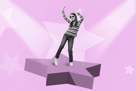 Collage picture of energetic active attractive girl have fun dancing on star spotlights raising hands isolated on pink color backgroundの写真素材