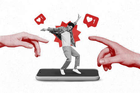 Poster collage of man dance on telephone wear casual cloth isolated on drawing white color backgroundの写真素材