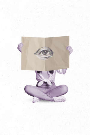 Collage artwork graphics picture of lady sitting legs crossed reading newspaper eye peek you isolated painting backgroundの写真素材