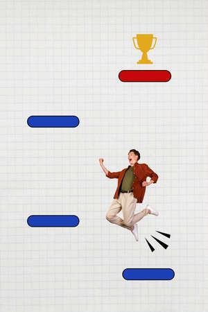 Photo artwork minimal picture of happy smiling guy jumping up final goal isolated drawing background