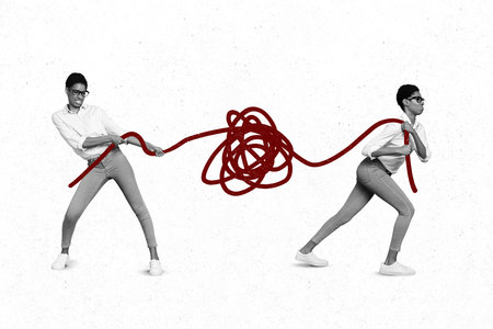 Photo artwork minimal picture of purposeful people struggling tangled problem isolated drawing backgroundの写真素材