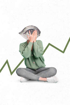 Vertical collage illustration of girl sitting arms cover big eye instead head peeking isolated on creative backgroundの写真素材