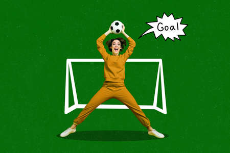 Creative 3d photo artwork graphics painting of funny funky lady catching ball playing football isolated drawing backgroundの写真素材
