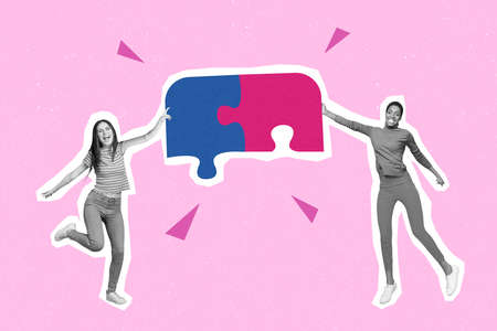 Collage image picture of two excited funny crazy girl done work together success achieve hand hold...