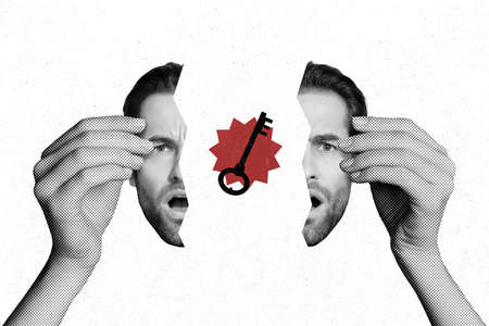 Banner collage of guy blow head isolated on drawing white color background