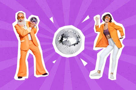 Composite collage of two excited positive people enjoy dancing chilling big glowing disco ball isolated on drawing purple backgroundの写真素材