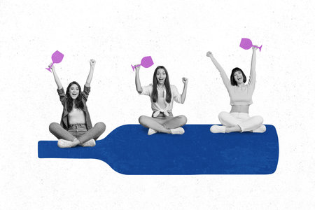 Artwork magazine picture of funny funky ladies sitting big bottle rising wine glasses isolated drawing backgroundの写真素材