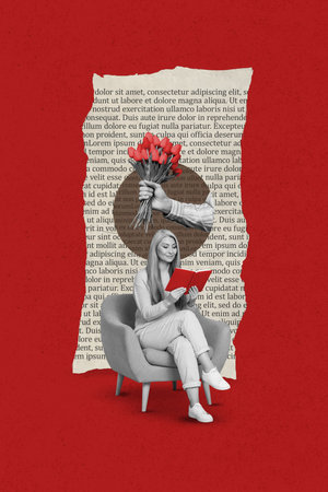 Vertical banner collage of old lady read book wear casual cloth isolated on drawing red color backgroundの写真素材